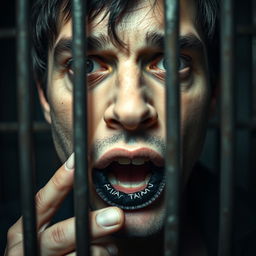 An extreme close-up of a scared white man's mouth, with dark hair, his lips forming an 'O' shape as he holds a black condom between them