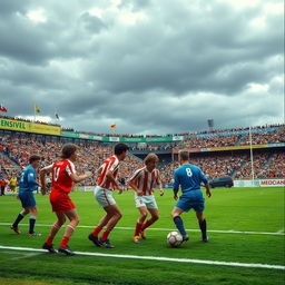 A historic football match scene depicting a local football team debuting at their home ground on March 31, 1983, with a vibrant crowd in the stands showing passionate support, despite the team losing 1-2