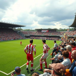 A historic football match scene depicting a local football team debuting at their home ground on March 31, 1983, with a vibrant crowd in the stands showing passionate support, despite the team losing 1-2