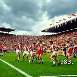 A historic football match scene depicting a local football team debuting at their home ground on March 31, 1983, with a vibrant crowd in the stands showing passionate support, despite the team losing 1-2