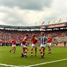 A historic football match scene depicting a local football team debuting at their home ground on March 31, 1983, with a vibrant crowd in the stands showing passionate support, despite the team losing 1-2