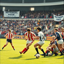 A realistic portrayal of a local football team playing their inaugural home match on March 31, 1983, against a lively crowd