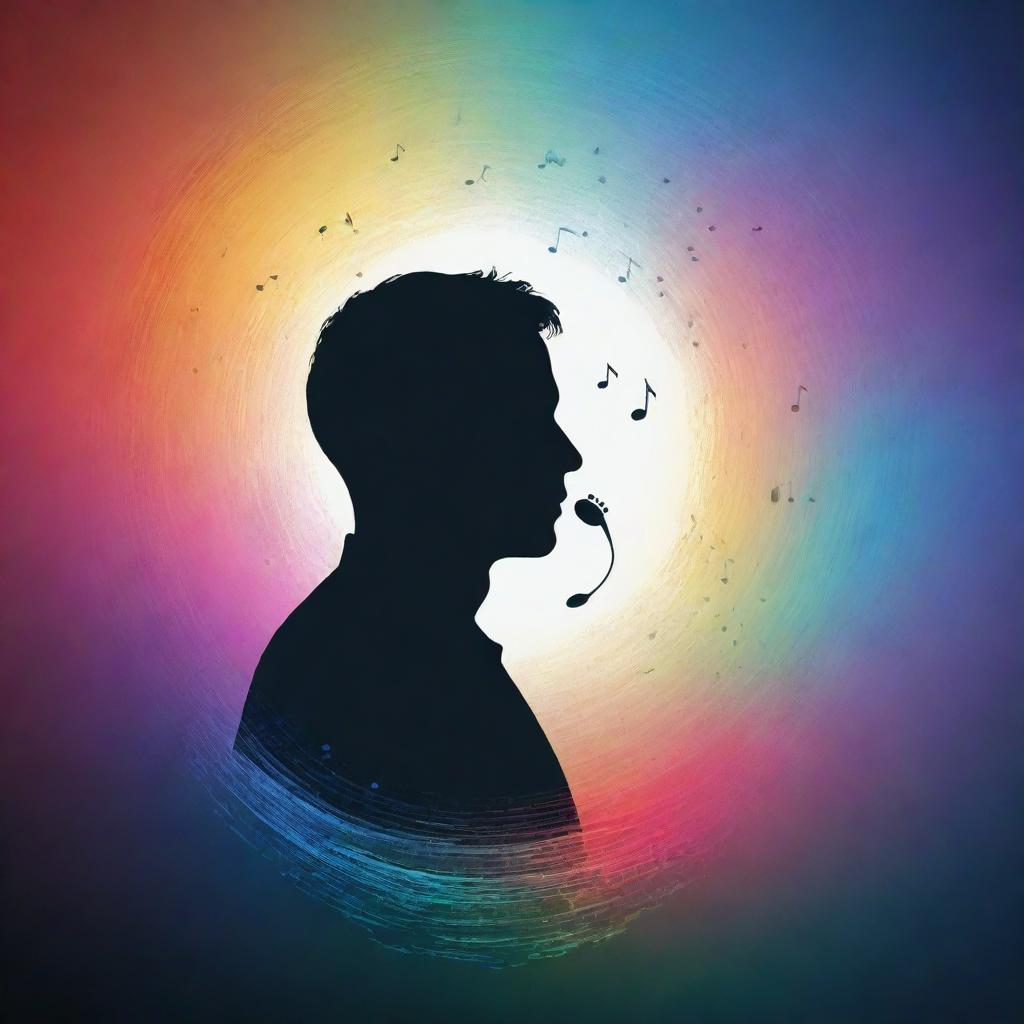 Subtle gradient background symbolizing introversion, with a silhouette of a contemplative person encircled by musical notes and waves. Overlay the quote 'Introversion is a roaring symphony; silence, a mighty resonance' in bold, distinct fonts. Include vibrant burst of colors from the notes and subtle musical icons.