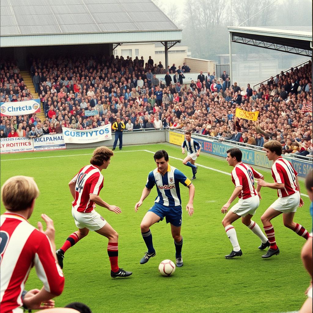 A realistic portrayal of a local football team playing their inaugural home match on March 31, 1983, against a lively crowd