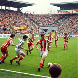 A realistic portrayal of a local football team playing their inaugural home match on March 31, 1983, against a lively crowd