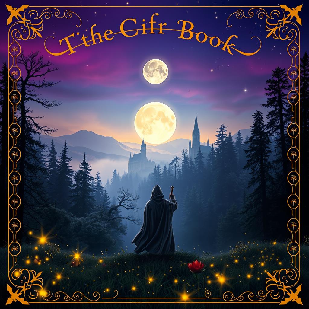 A captivating book cover design featuring a mystical forest at twilight, with glowing fireflies illuminating the scene