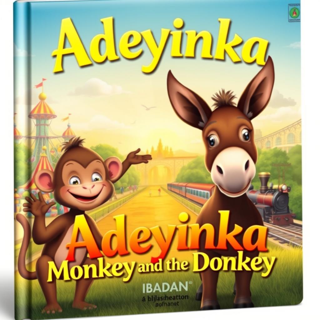 A whimsical book cover design featuring Adeyinka, a joyful monkey, and a curious donkey