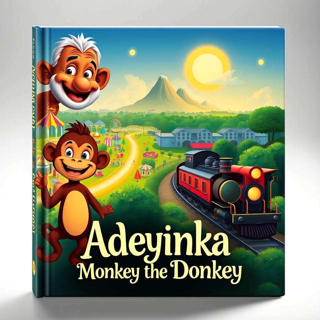 A whimsical book cover design featuring Adeyinka, a joyful monkey, and a curious donkey