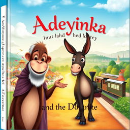 A whimsical book cover design featuring Adeyinka, a joyful monkey, and a curious donkey