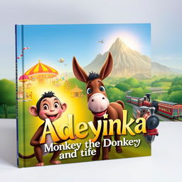 A whimsical book cover design featuring Adeyinka, a joyful monkey, and a curious donkey