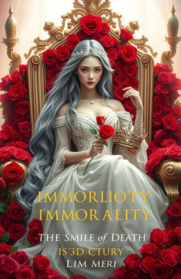 A princess with long, flowing grey hair is seated gracefully on a throne made of vibrant red roses