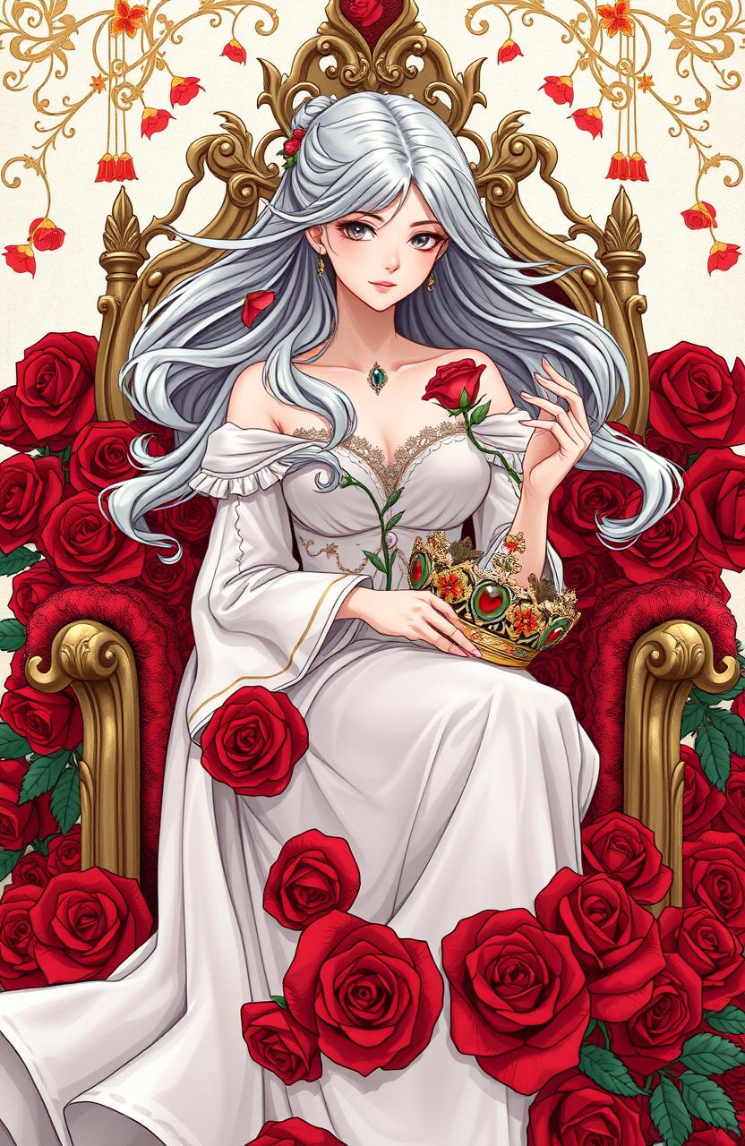 In a manhwa style illustration, a princess with flowing gray hair is sitting elegantly on a throne made of red roses