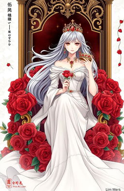 In a manhwa style illustration, a princess with flowing gray hair is sitting elegantly on a throne made of red roses