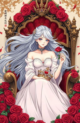 In a manhwa style illustration, a princess with flowing gray hair is sitting elegantly on a throne made of red roses