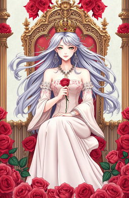 In a manhwa style illustration, a princess with flowing gray hair is sitting elegantly on a throne made of red roses