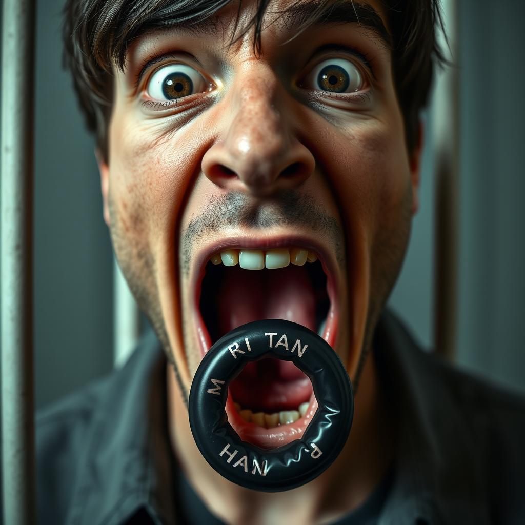 An extreme close-up of a scared white man's mouth forming an 'O' shape, showing tension and fear