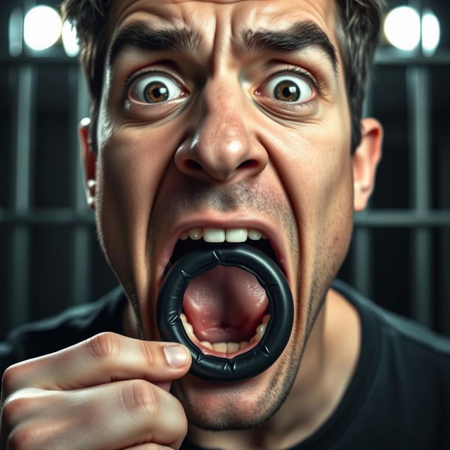 An extreme close-up of a scared white man's mouth forming an 'O' shape, showing tension and fear