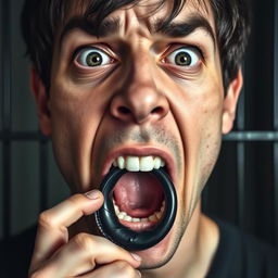 An extreme close-up of a scared white man's mouth forming an 'O' shape, showing tension and fear