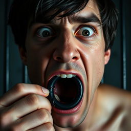 An extreme close-up of a scared white man's mouth forming an 'O' shape, showing tension and fear