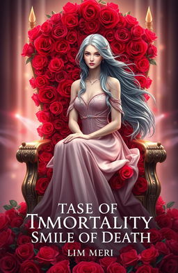 A beautiful princess with flowing gray hair sitting elegantly on a throne made of vibrant red roses