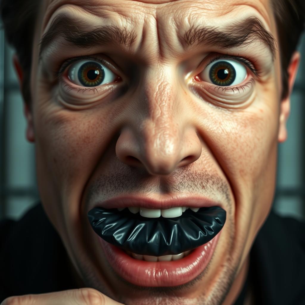 An extreme close-up shot focusing on the mouth of a scared white man with dark hair