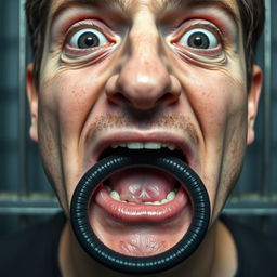 An extreme close-up shot focusing on the mouth of a scared white man with dark hair