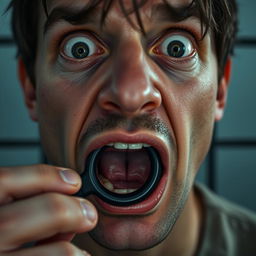 An extreme close-up shot focusing on the mouth of a scared white man with dark hair