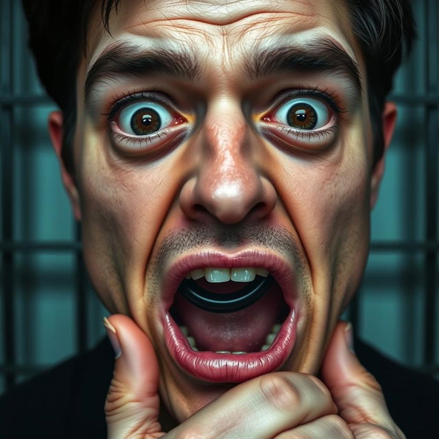 An extreme close-up shot focusing on the mouth of a scared white man with dark hair