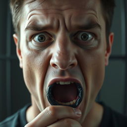 An extreme close-up of a scared white man's face, focusing particularly on his mouth forming an 'O' shape in surprise or fear