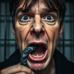 An extreme close-up of a scared white man's face, focusing particularly on his mouth forming an 'O' shape in surprise or fear