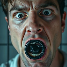 An extreme close-up of a scared white man's face, focusing particularly on his mouth forming an 'O' shape in surprise or fear