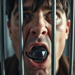 An extreme close-up of a scared white man's face, focusing particularly on his mouth forming an 'O' shape in surprise or fear