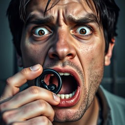 An extreme close-up shot focusing on the mouth of a scared white man with dark hair, his mouth open in an 'O' shape as he holds a black condom