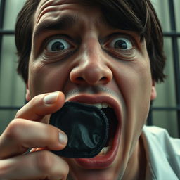 An extreme close-up shot focusing on the mouth of a scared white man with dark hair, his mouth open in an 'O' shape as he holds a black condom