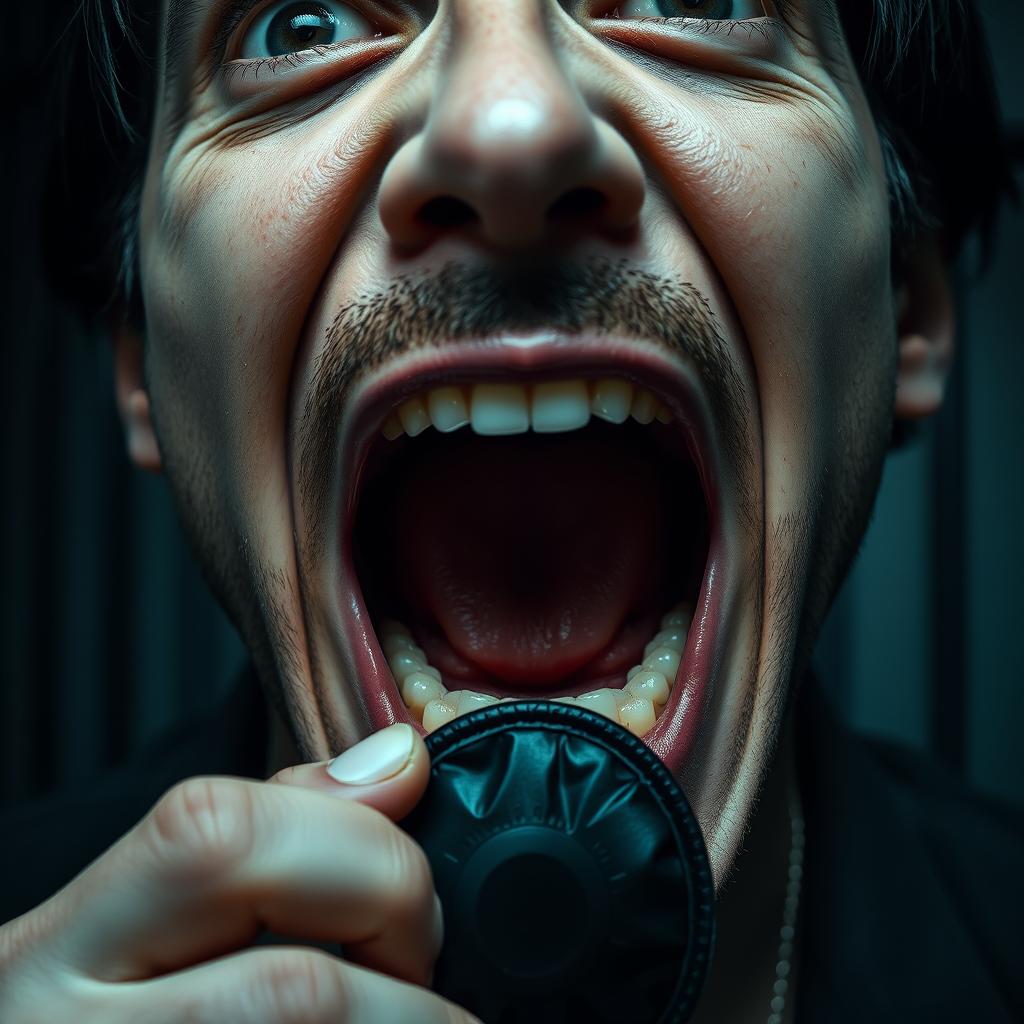 An extreme close-up shot focusing on the mouth of a scared white man with dark hair, his mouth open in an 'O' shape as he holds a black condom