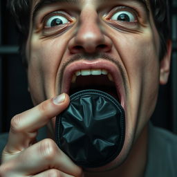 An extreme close-up shot focusing on the mouth of a scared white man with dark hair, his mouth open in an 'O' shape as he holds a black condom