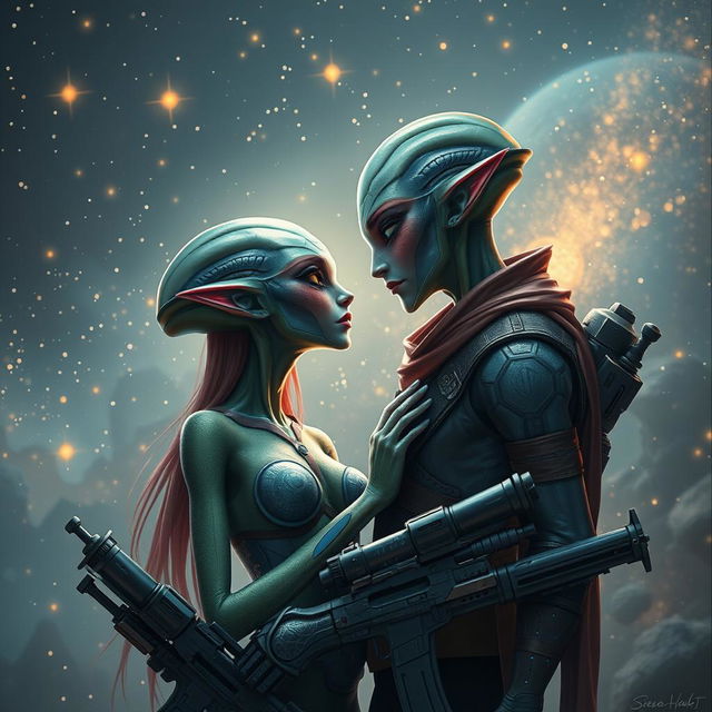 A romantic scene set in space with a male and female alien couple gazing at each other amidst a backdrop of twinkling stars