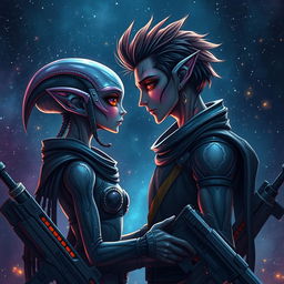 A romantic scene set in space with a male and female alien couple gazing at each other amidst a backdrop of twinkling stars