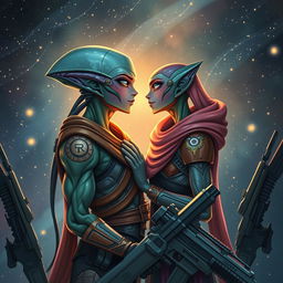 A romantic scene set in space with a male and female alien couple gazing at each other amidst a backdrop of twinkling stars