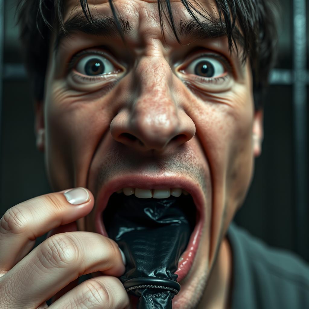 An extreme close-up of a scared white man's mouth in an 'O' shape, revealing a black condom held in his mouth, showcasing a feeling of dread