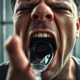 An extreme close-up of a scared white man's mouth in an 'O' shape, revealing a black condom held in his mouth, showcasing a feeling of dread