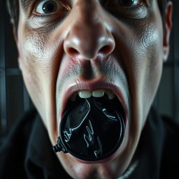 An extreme close-up of a scared white man's mouth in an 'O' shape, revealing a black condom held in his mouth, showcasing a feeling of dread