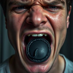 An extreme close-up of a scared white man's mouth in an 'O' shape, revealing a black condom held in his mouth, showcasing a feeling of dread