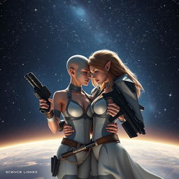 A captivating science fiction romance scene featuring a male and female couple in outer space