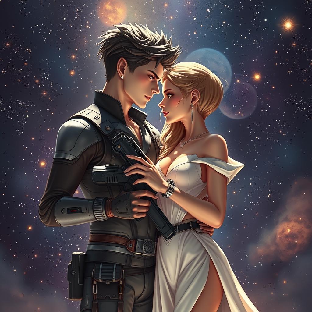 A captivating science fiction romance scene featuring a male and female couple in outer space