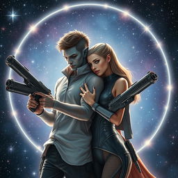 A captivating science fiction romance scene featuring a male and female couple in outer space