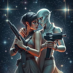 A captivating science fiction romance scene featuring a male and female couple in outer space