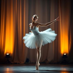 A graceful ballet dancer in a stunning pose, wearing an elegant white tutu and pointing shoes, surrounded by a dramatic stage setting with soft, warm lighting