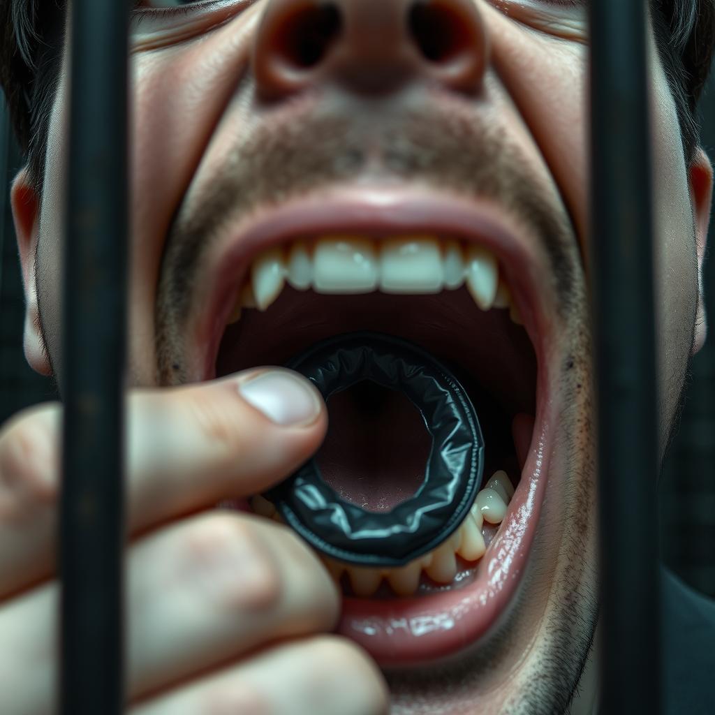 An extreme close-up of a scared white man's mouth, showing an 'O' shape as he holds a black condom inside