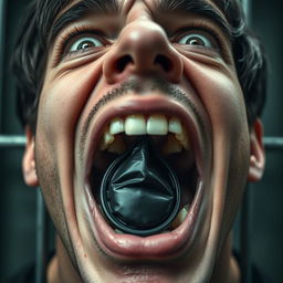 An extreme close-up of a scared white man's mouth, showing an 'O' shape as he holds a black condom inside